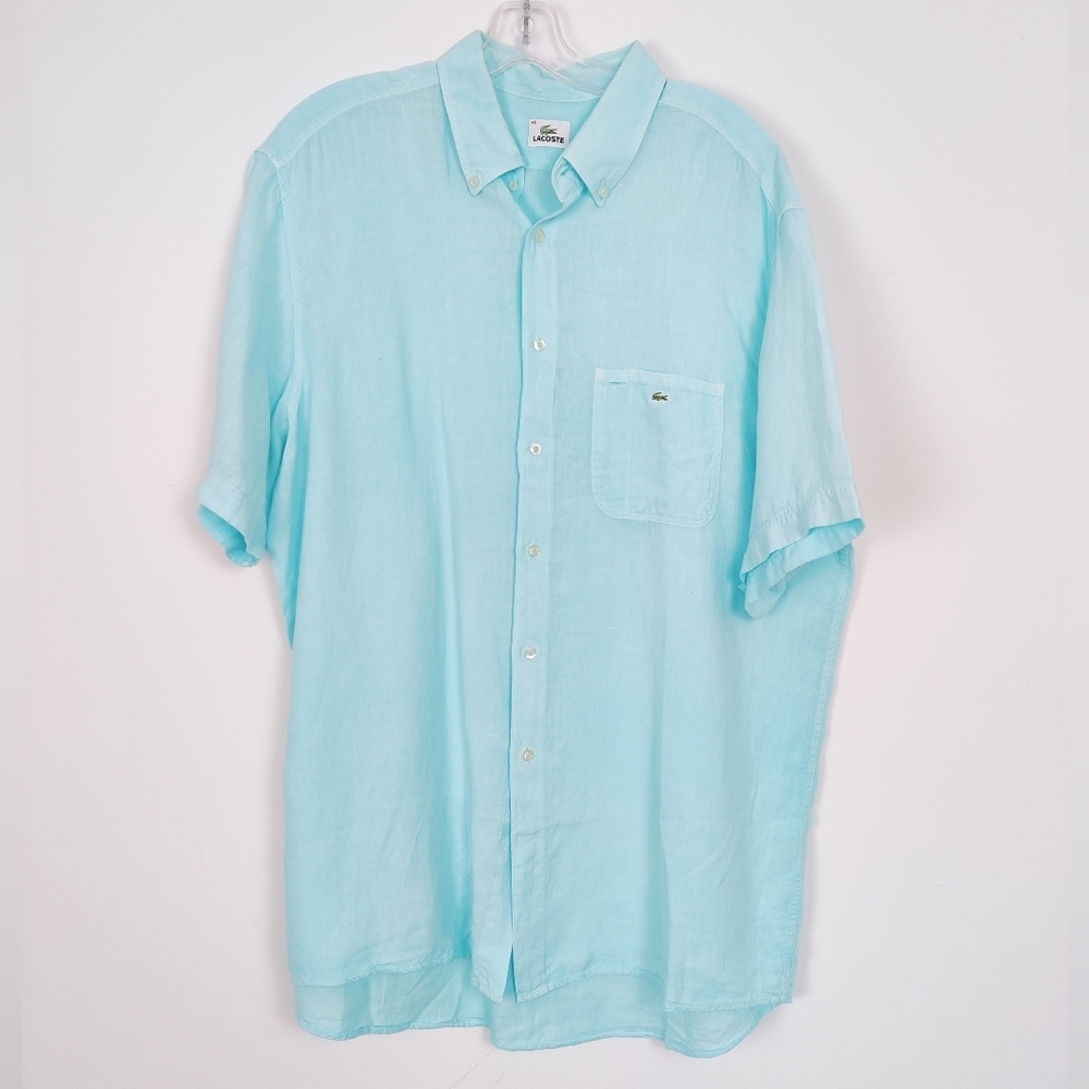Lacoste Men's Button Down 100% Linen Shirt in Turquoise Blue Size 45